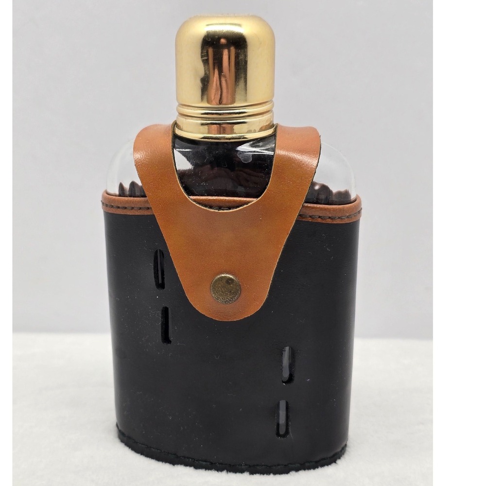 Swank Vintage Glass Flask Leather Wrap Gold Cap Barware Mid Century Black Tan OS